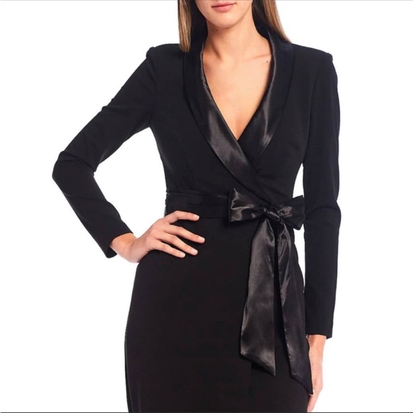 NEW Eliza J Long Sleeve Black Satin Collar Tuxedo Gown Dress Size 6 - Picture 2 of 8